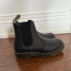 Dr. Martens Black Leather Chelsea Boots with Yellow Stitching and Pull Loop